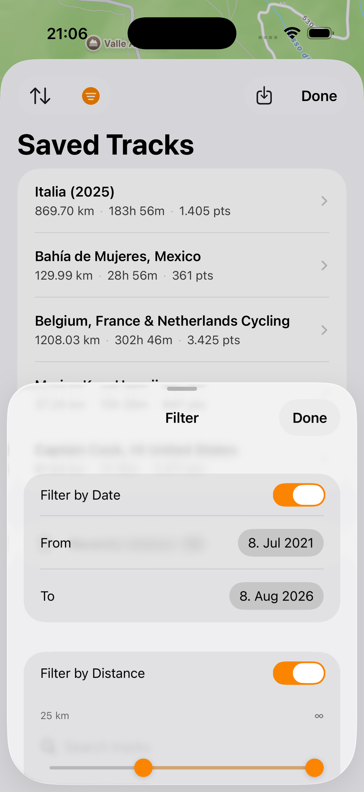 Saved routes overview